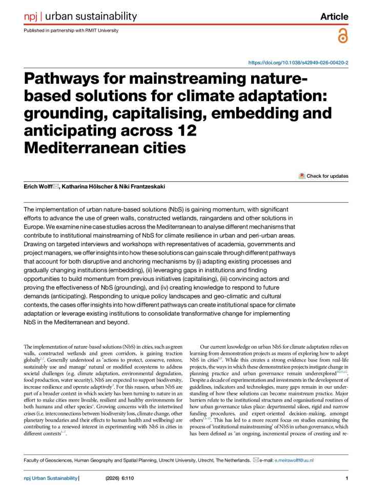 Pathways for mainstreaming nature-based solutions for climate adaptation: grounding, capitalising, embedding and anticipating across 12 Mediterranean cities thumbnail