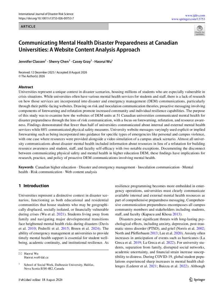 Communicating Mental Health Disaster Preparedness at Canadian Universities: A Website Content Analysis Approach thumbnail