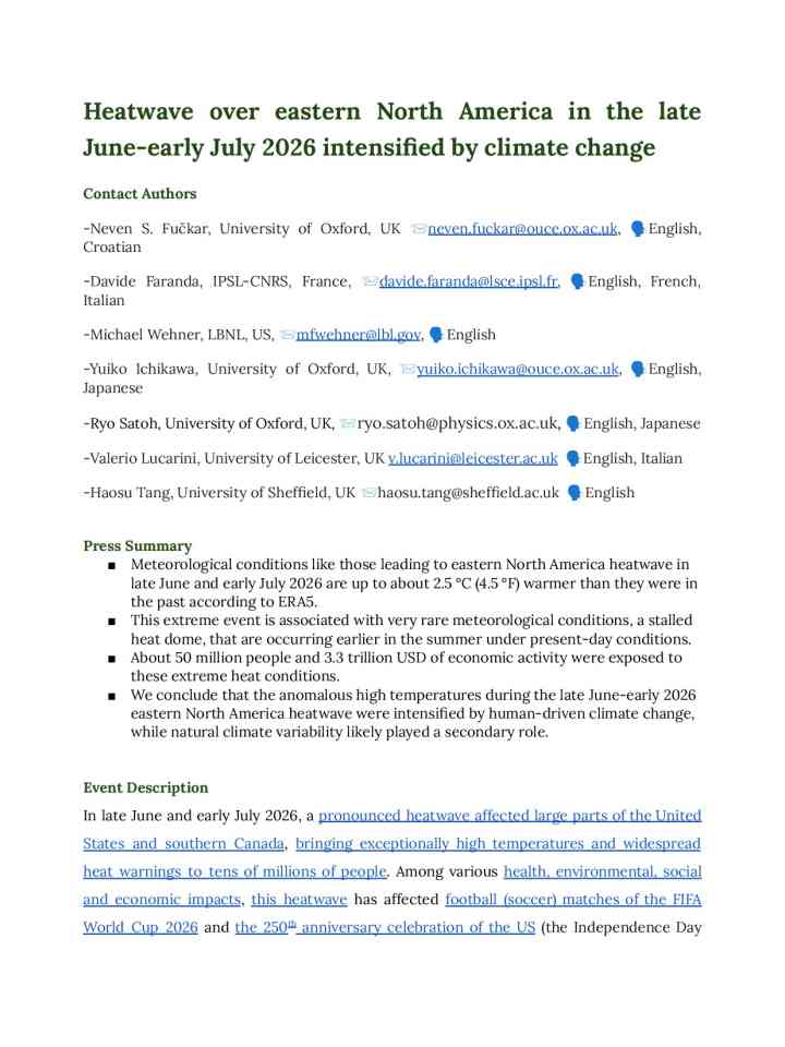 Heatwave over eastern North America in the late June-early July 2026 intensified by climate change thumbnail