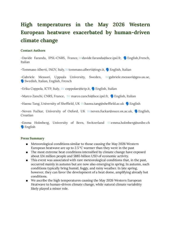 High temperatures in the May 2026 Western European heatwave exacerbated by human-driven climate change thumbnail