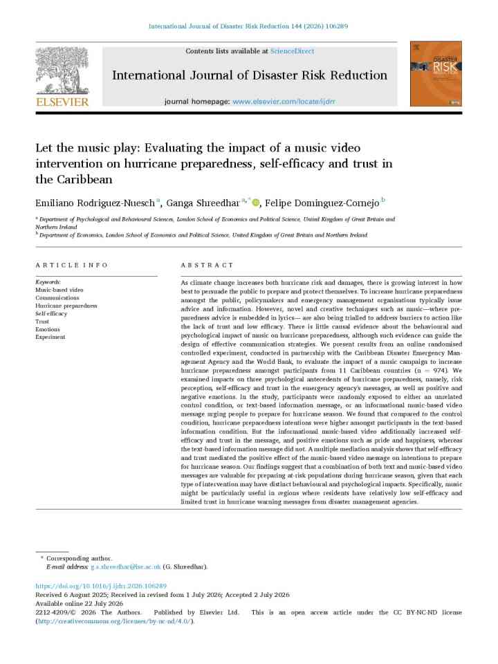 Let the music play: Evaluating the impact of a music video intervention on hurricane preparedness, self-efficacy and trust in the Caribbean thumbnail