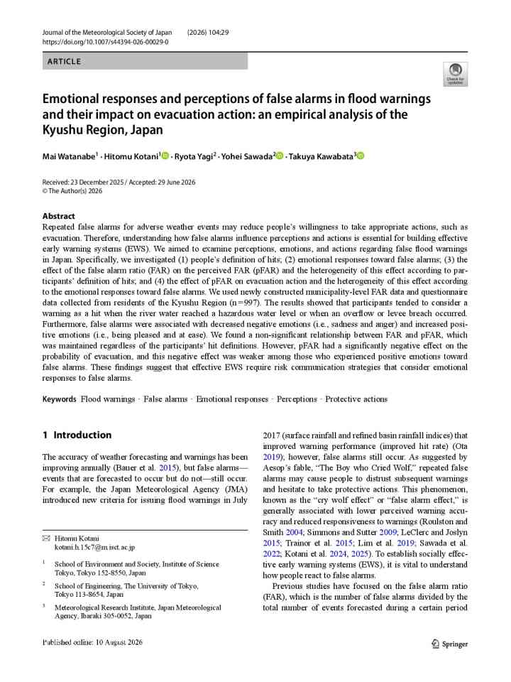Emotional responses and perceptions of false alarms in flood warnings and their impact on evacuation action: an empirical analysis of the Kyushu Region, Japan thumbnail