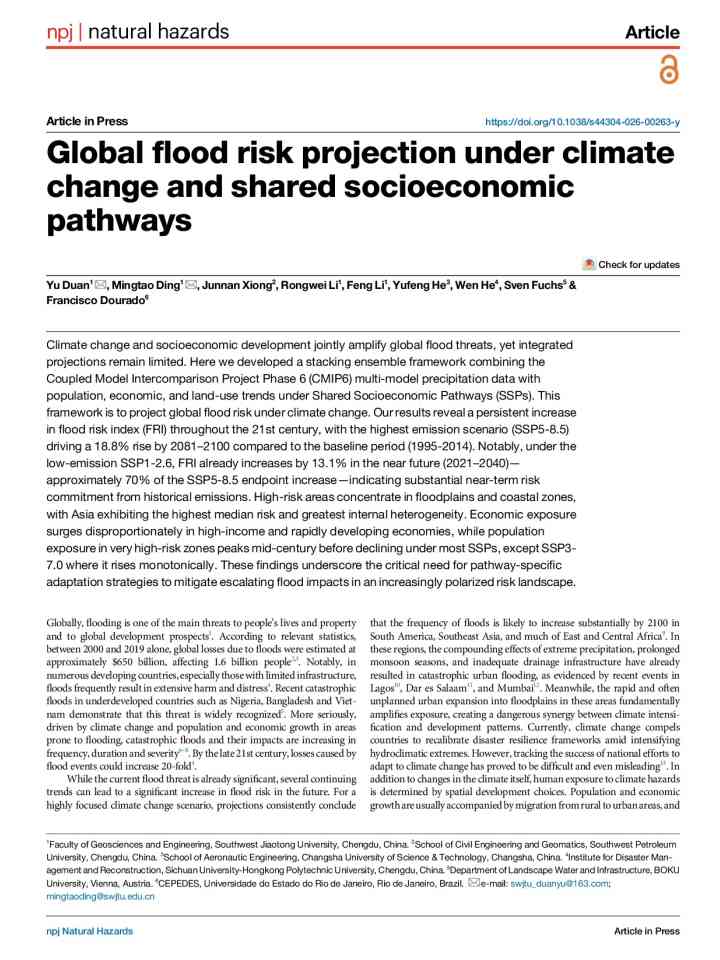 Global flood risk projection under climate change and shared socioeconomic pathways thumbnail