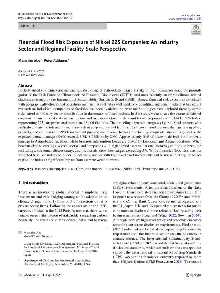 Financial flood risk exposure of Nikkei 225 Companies: An industry sector and regional facility-scale perspective thumbnail
