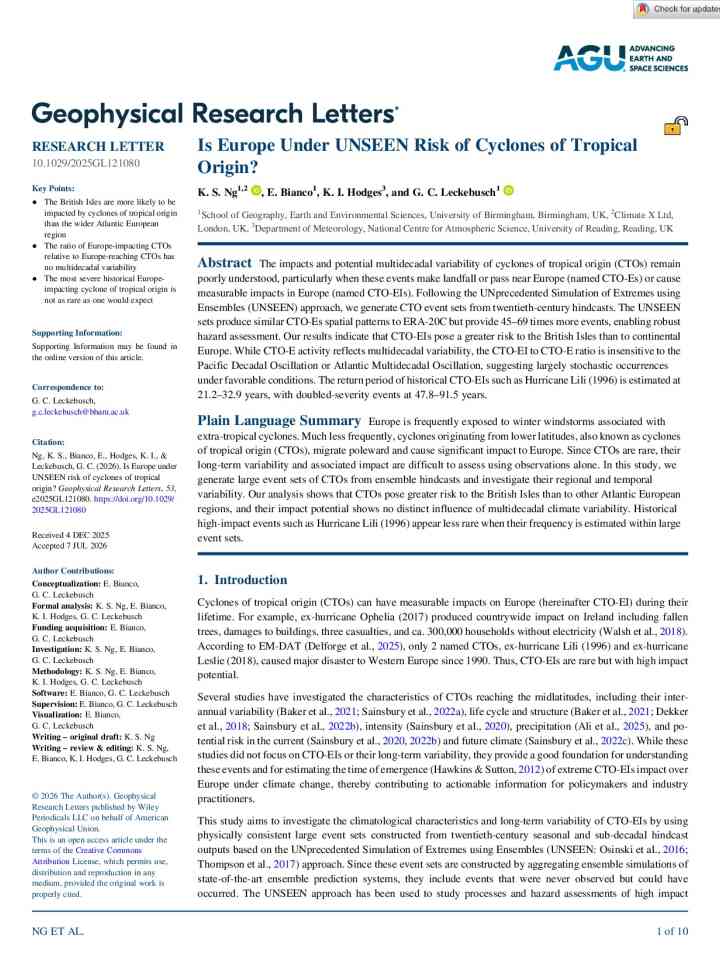 Is Europe under UNSEEN risk of cyclones of tropical origin? thumbnail