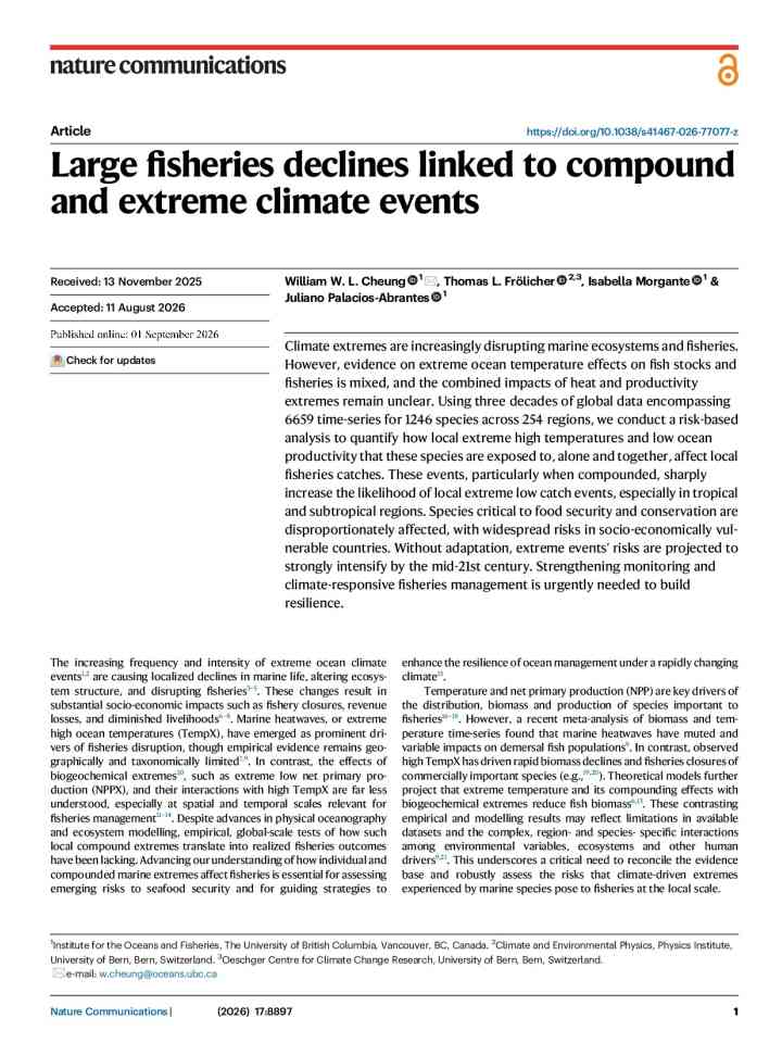 Large fisheries declines linked to compound and extreme climate events thumbnail
