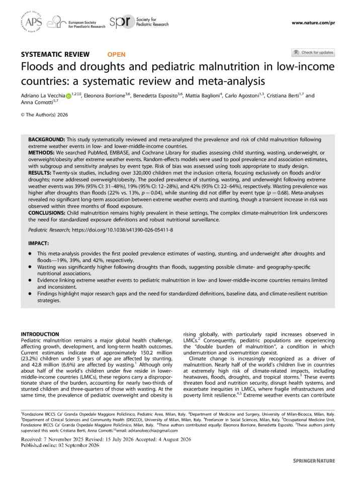 Floods and droughts and pediatric malnutrition in low-income countries: a systematic review and meta-analysis thumbnail