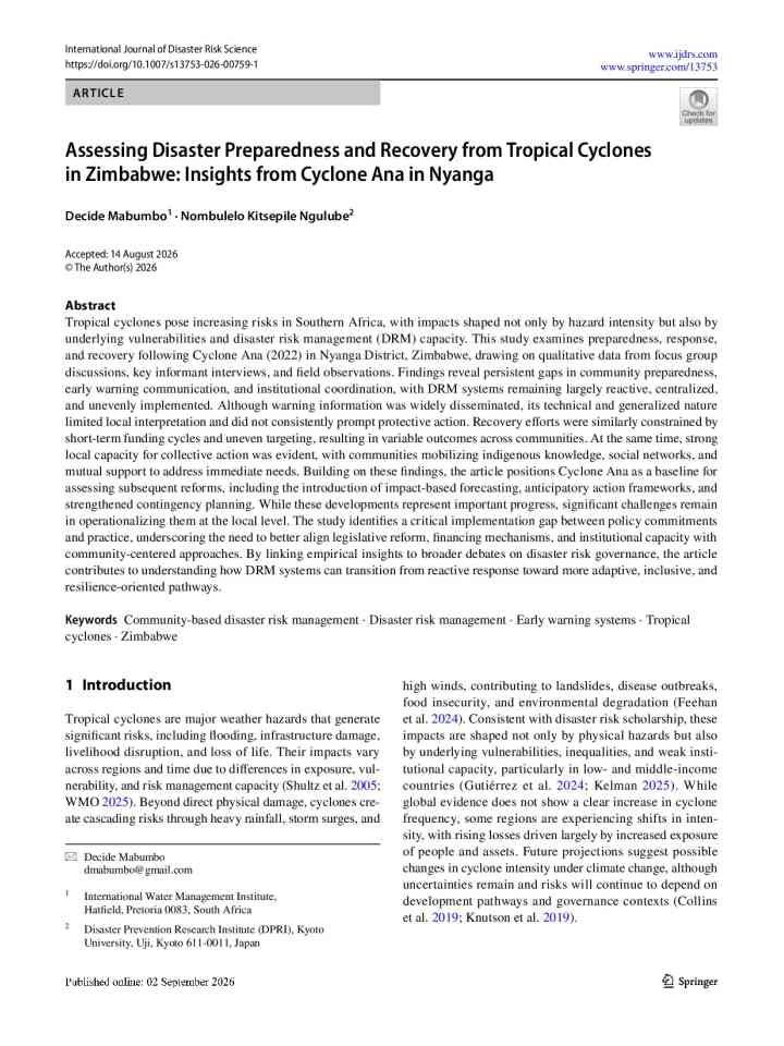 Assessing disaster preparedness and recovery from tropical cyclones in Zimbabwe: Insights from Cyclone Ana in Nyanga thumbnail