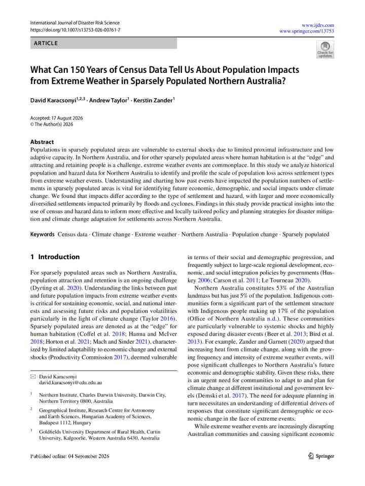 What can 150 years of census data tell us about population impacts from extreme weather in sparsely populated Northern Australia? thumbnail