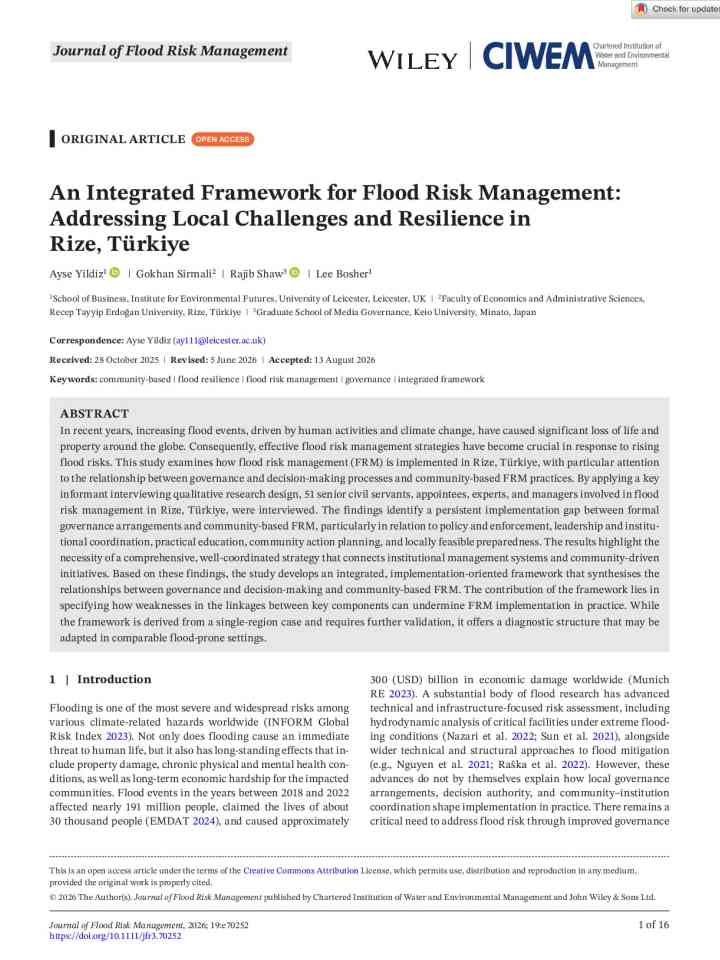 An integrated framework for flood risk management: Addressing local challenges and resilience in Rize, Türkiye thumbnail