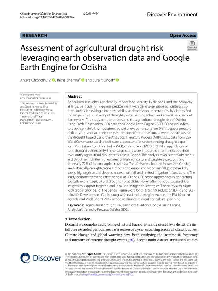 Assessment of agricultural drought risk leveraging earth observation data and Google Earth Engine for Odisha thumbnail