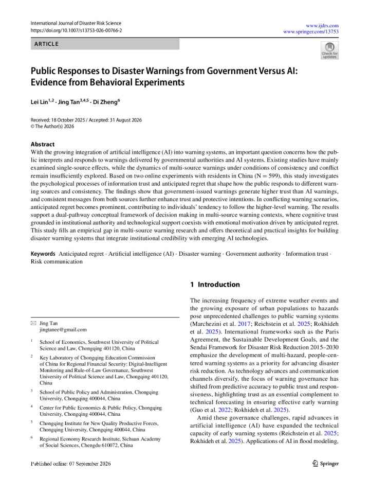 Public Responses to Disaster Warnings from Government Versus AI: Evidence from Behavioral Experiments thumbnail