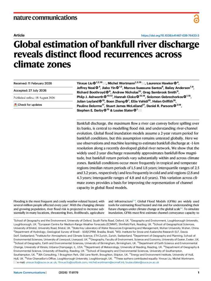 Global estimation of bankfull river discharge reveals distinct flood recurrences across climate zones thumbnail