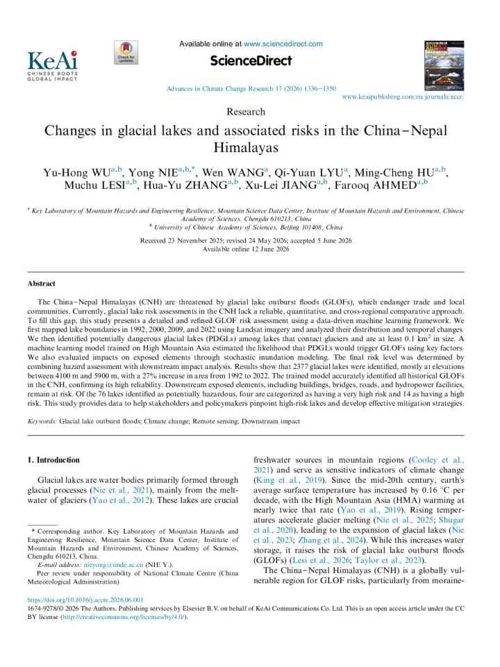 Changes in glacial lakes and associated risks in the China‒Nepal Himalayas thumbnail