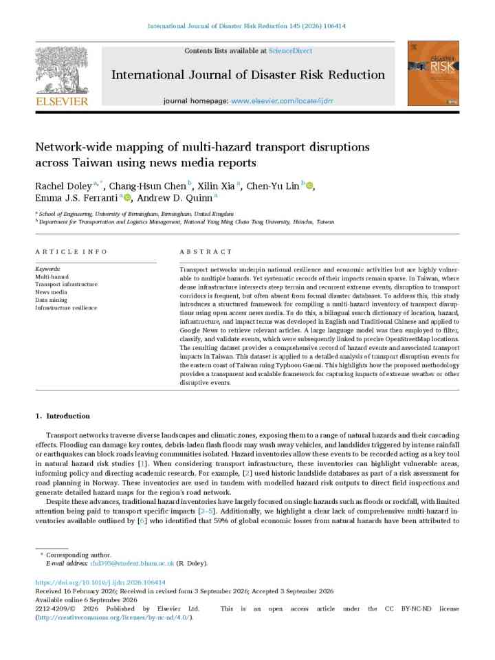 Network-wide mapping of multi-hazard transport disruptions across Taiwan using news media reports thumbnail