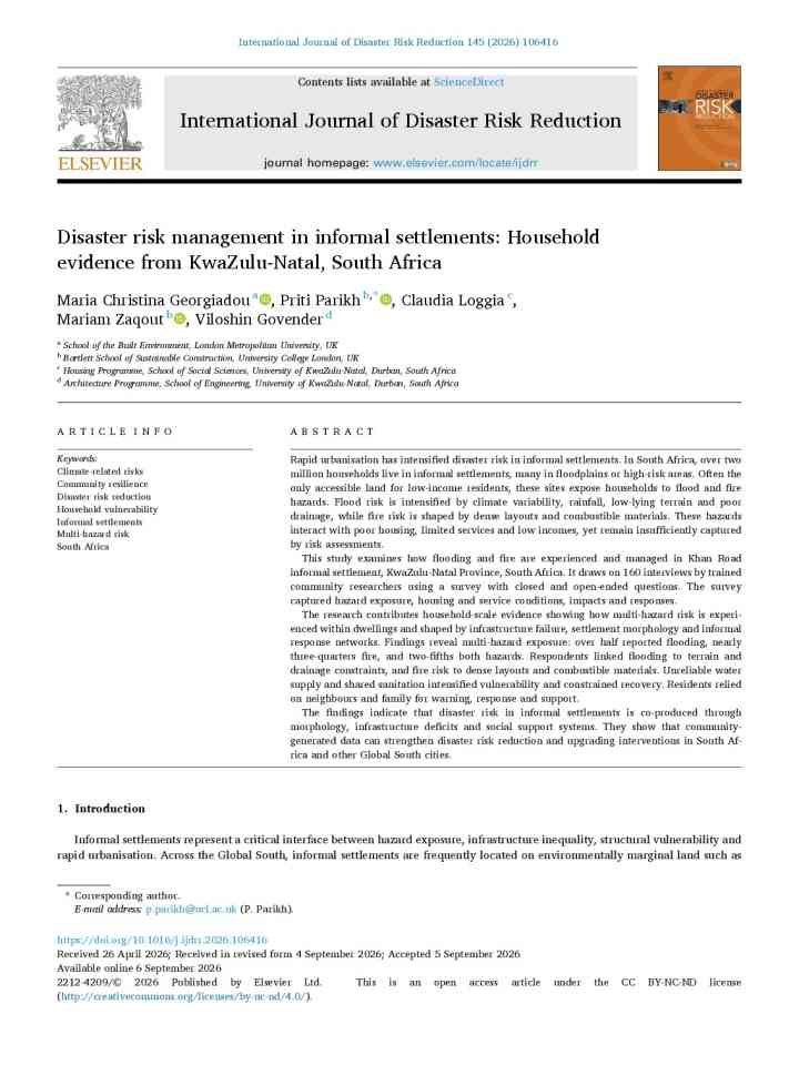 Disaster risk management in informal settlements: Household evidence from KwaZulu-Natal, South Africa thumbnail