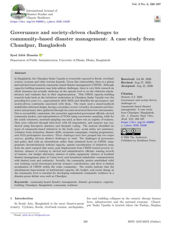 Governance and society-driven challenges to community-based disaster management: A case study from Chandpur, Bangladesh thumbnail
