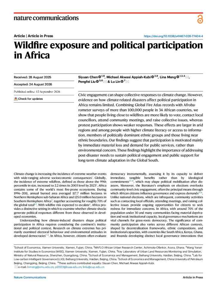 Wildfire exposure and political participation in Africa thumbnail