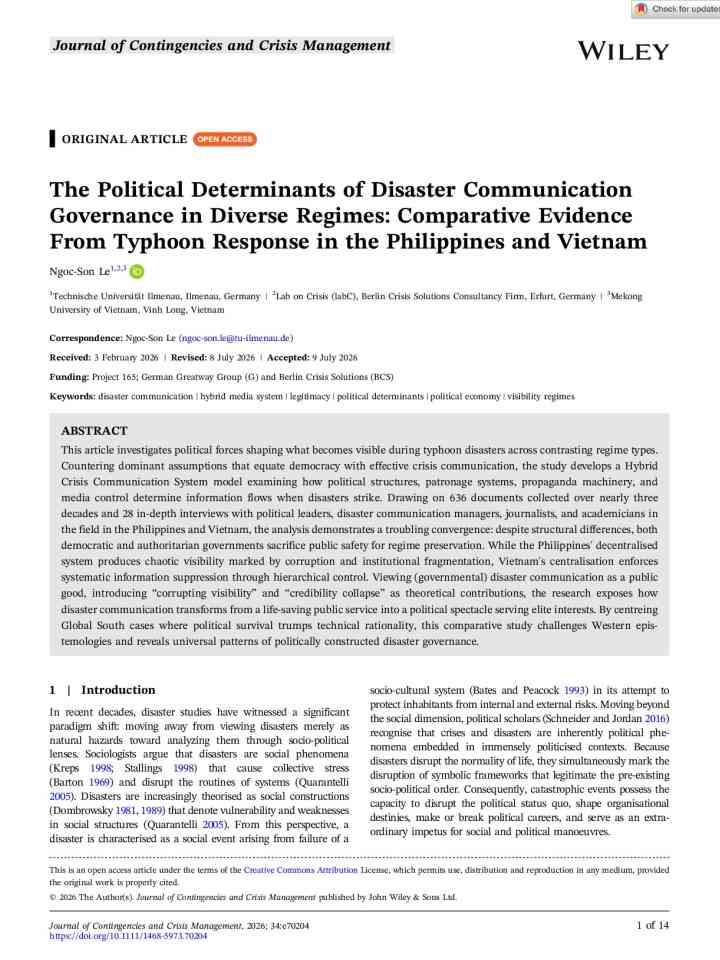 The Political Determinants of Disaster CommunicationGovernance in Diverse Regimes: Comparative EvidenceFrom Typhoon Response in the Philippines and Vietnam thumbnail