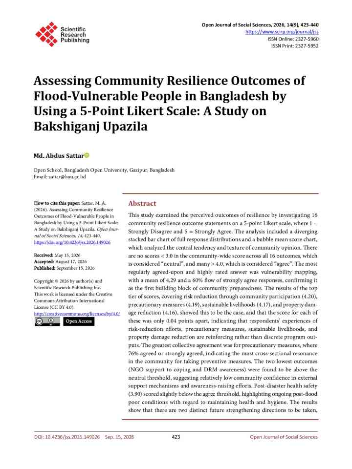 Assessing community resilience outcomes of flood-vulnerable people in Bangladesh by using a 5-point Likert Scale: A study on Bakshiganj Upazila thumbnail