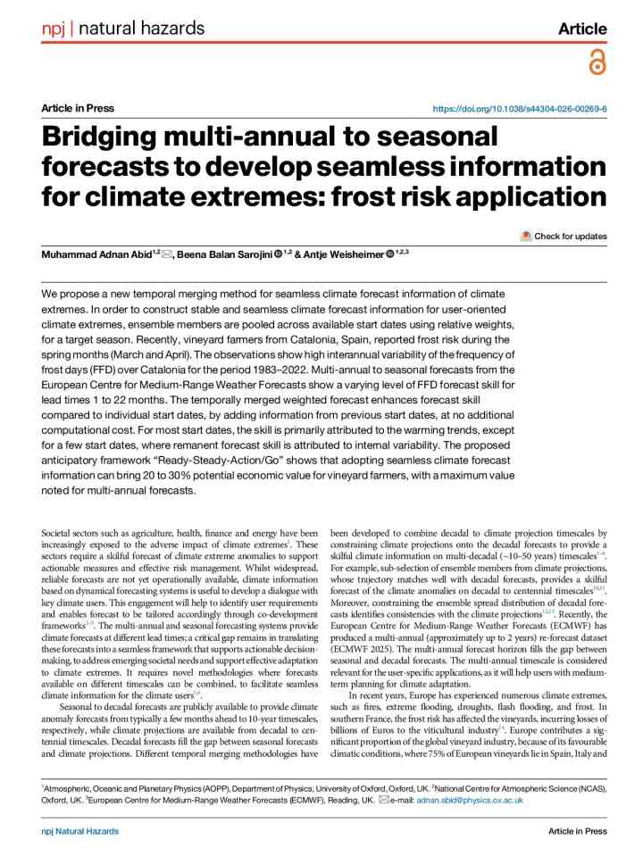 Bridging multi-annual to seasonal forecasts to develop seamless information for climate extremes: frost risk application thumbnail