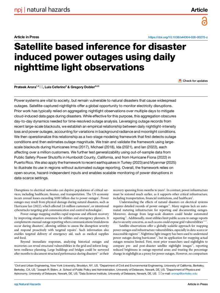 Satellite based inference for disaster induced power outages using daily nighttime light observations thumbnail