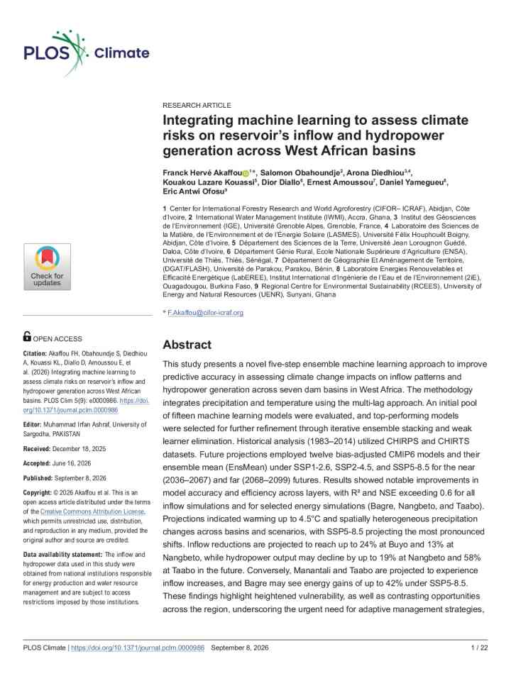 Integrating machine learning to assess climate risks on reservoir’s inflow and hydropower generation across West African basins thumbnail