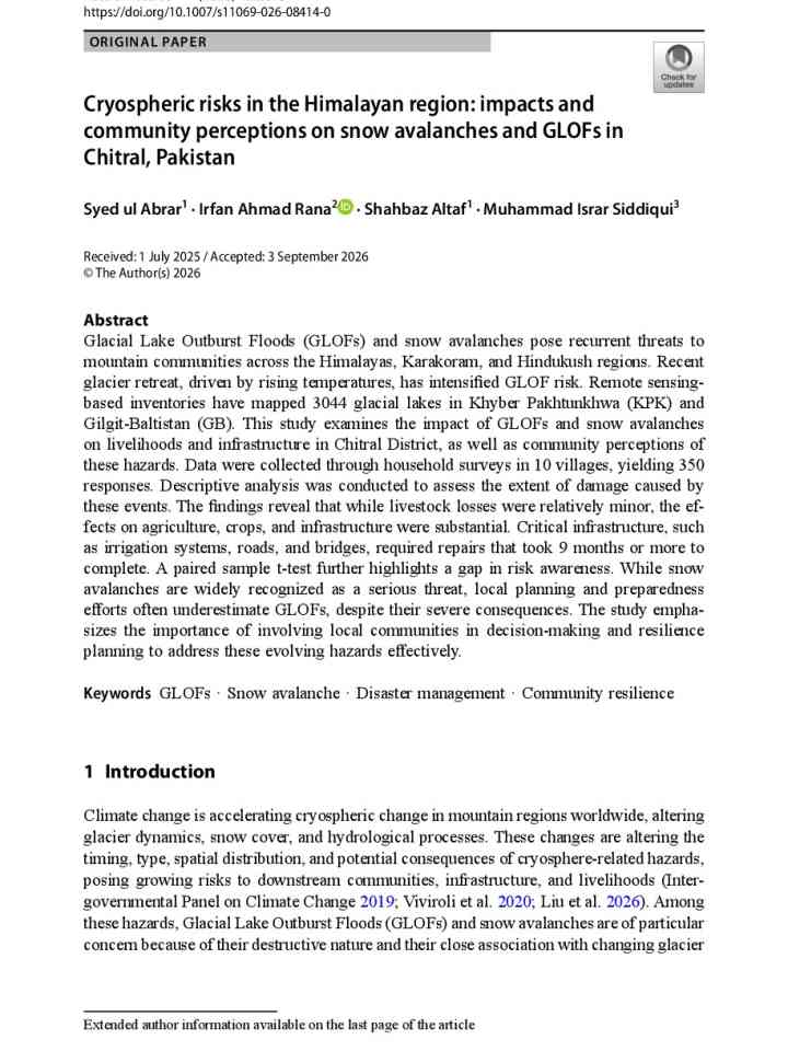 Cryospheric risks in the Himalayan region: impacts and community perceptions on snow avalanches and GLOFs in Chitral, Pakistan thumbnail