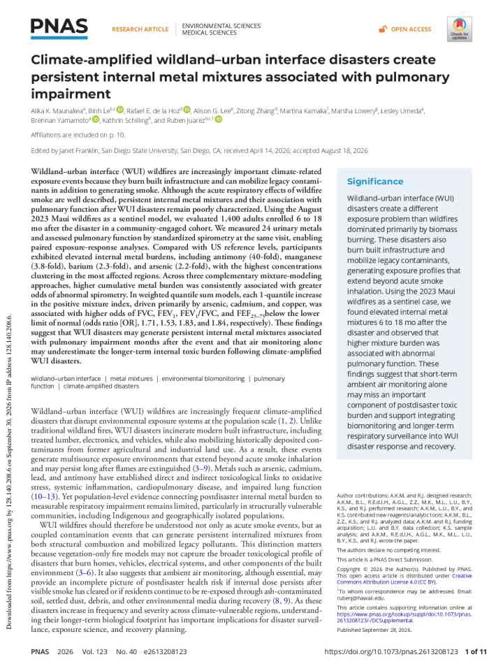 Climate-amplified wildland–urban interface disasters create persistent internal metal mixtures associated with pulmonary impairment thumbnail