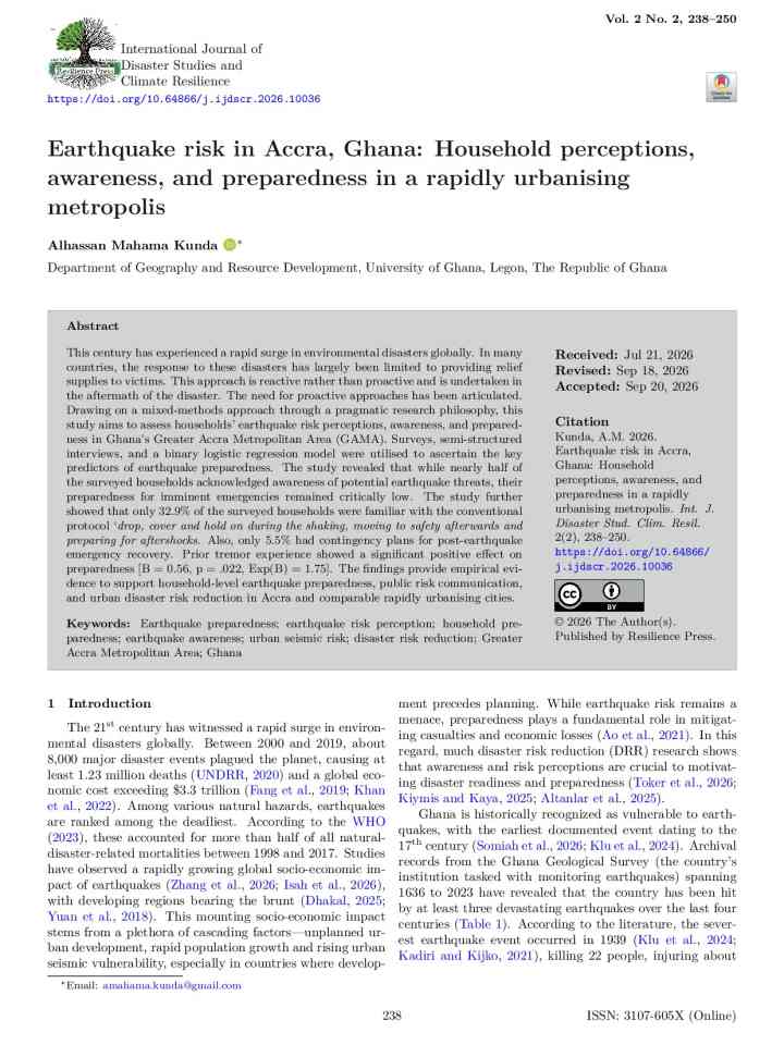Earthquake risk in Accra, Ghana: Household perceptions, awareness, and preparedness in a rapidly urbanising metropolis thumbnail