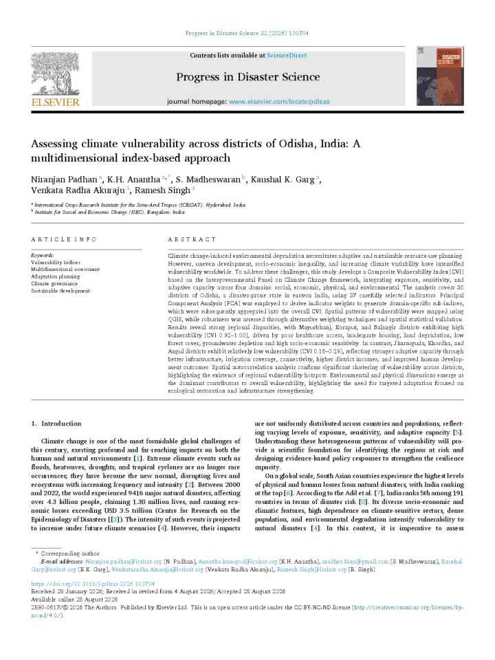Assessing climate vulnerability across districts of Odisha, India: A multidimensional index-based approach thumbnail