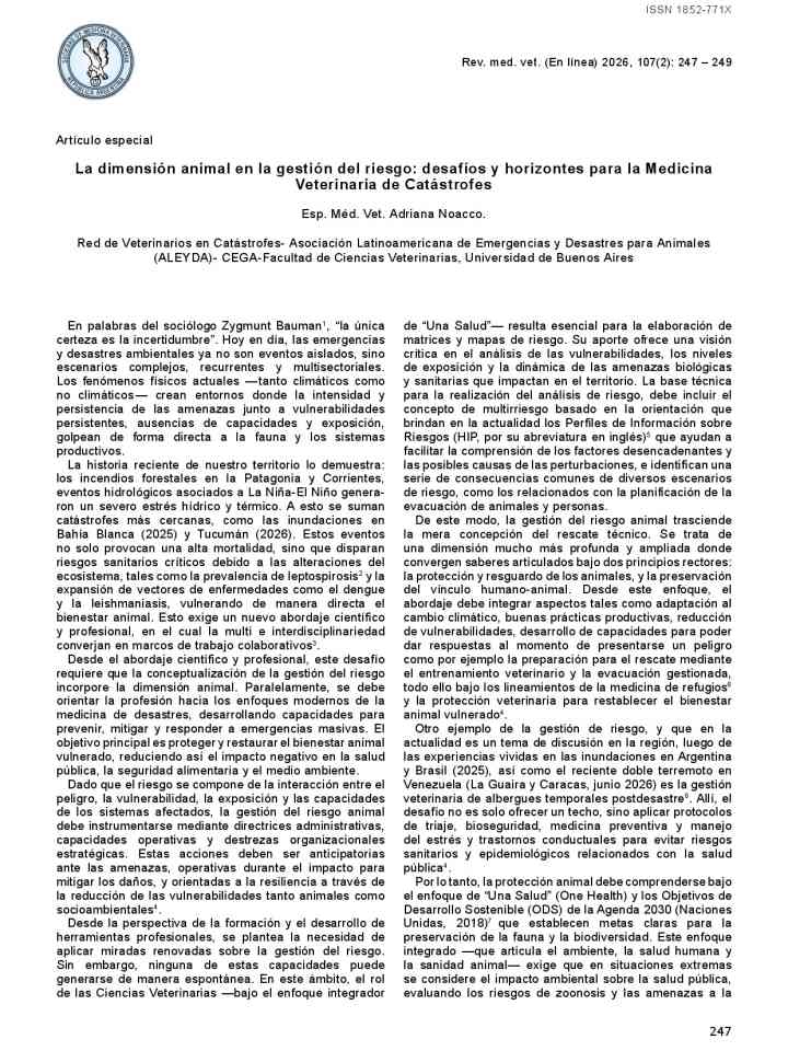La dimensión animal en la gestión del riesgo: desafíos y horizontes para la Medicina Veterinaria de Catástrofes thumbnail