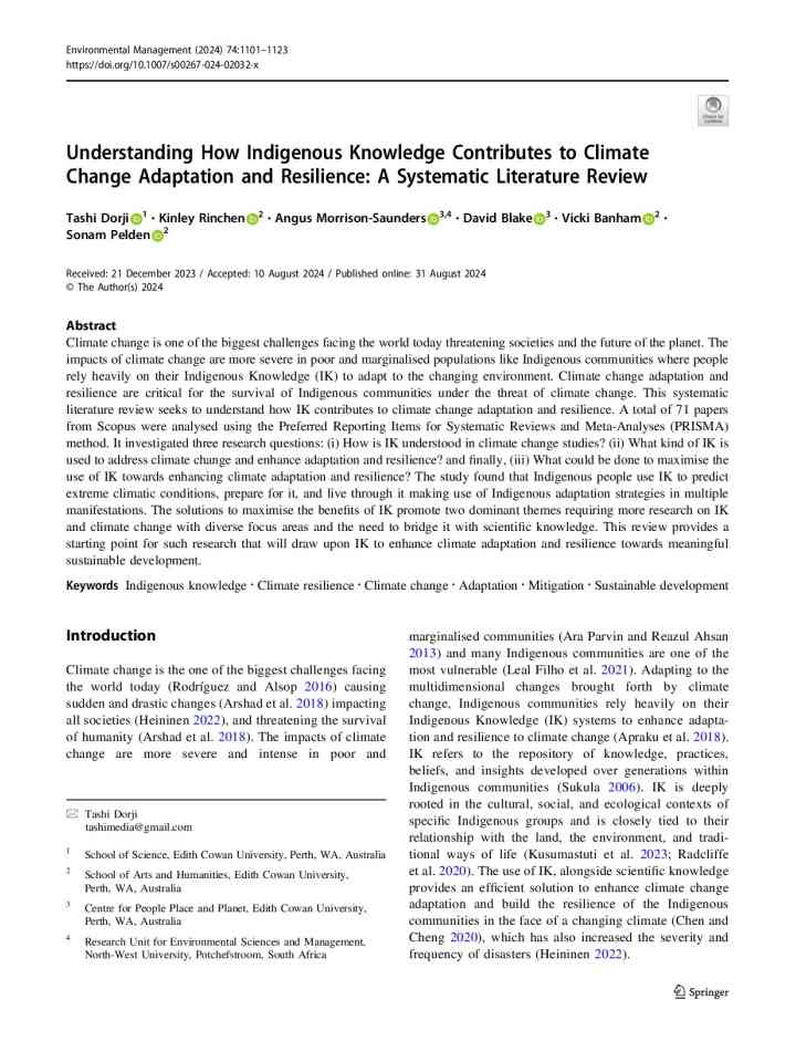 Understanding how indigenous knowledge contributes to climate change adaptation and resilience: a systematic literature review thumbnail
