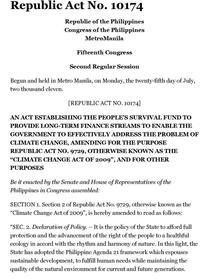 Philippines: Climate Change Act, RA 10174 (2012) thumbnail