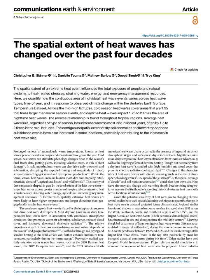 The spatial extent of heat waves has changed over the past four decades thumbnail