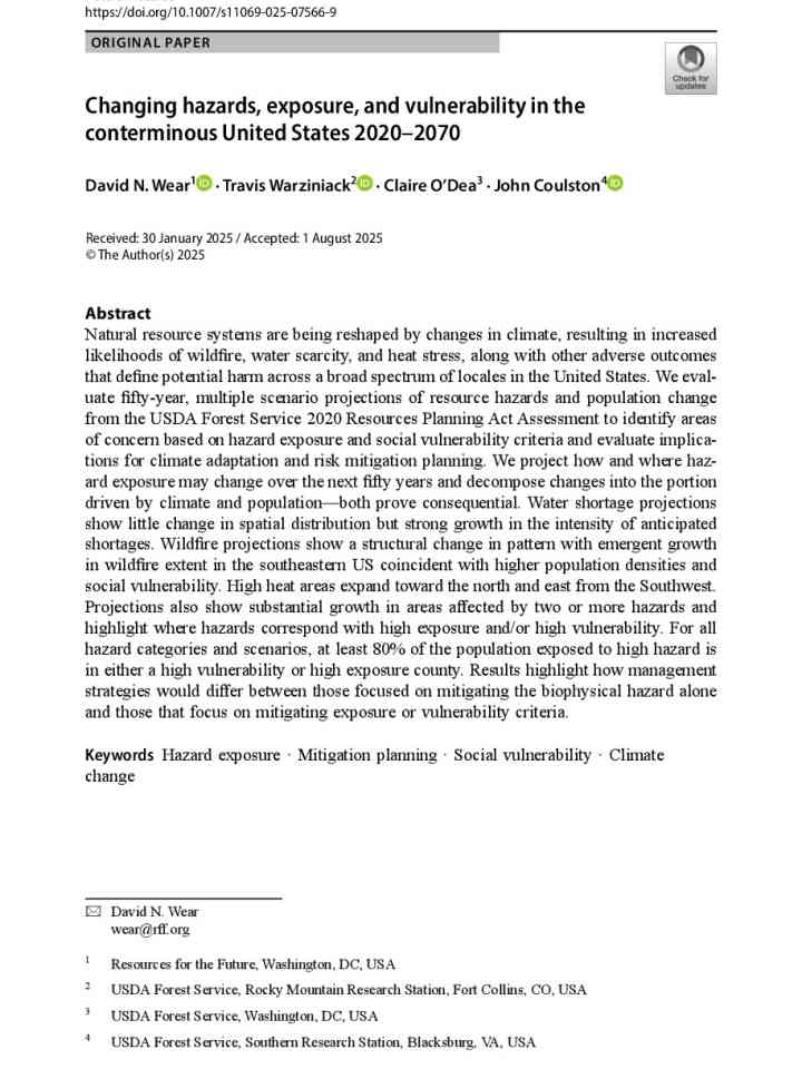 Changing hazards, exposure, and vulnerability in the conterminous United States 2020–2070 thumbnail