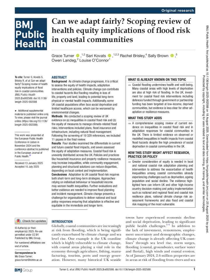 Can we adapt fairly? Scoping review of health equity implications of flood risk in coastal communities thumbnail