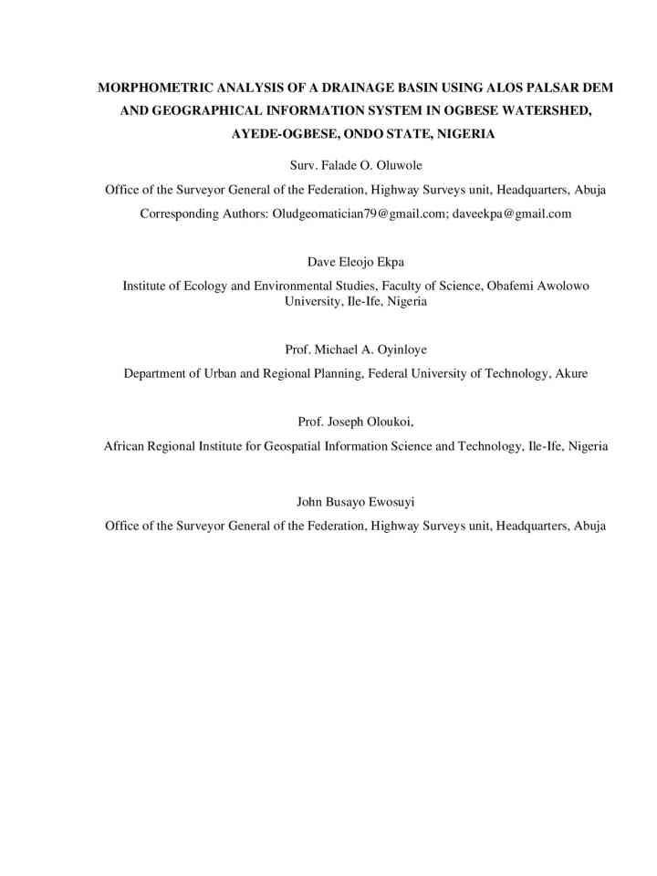 Morphometric analysis of a drainage basin using ALOS PALSAR DEM and GIS in Ogbese watershed,  Ayede-Ogbese, Ondo State, Nigeria thumbnail