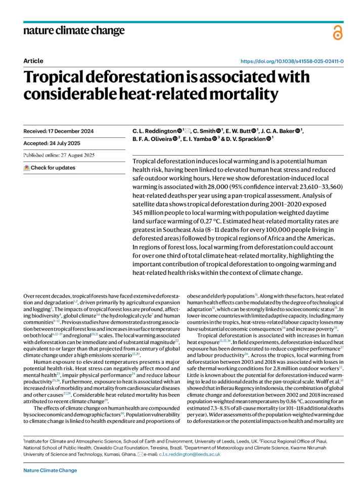 Tropical deforestation is associated with considerable heat-related mortality thumbnail