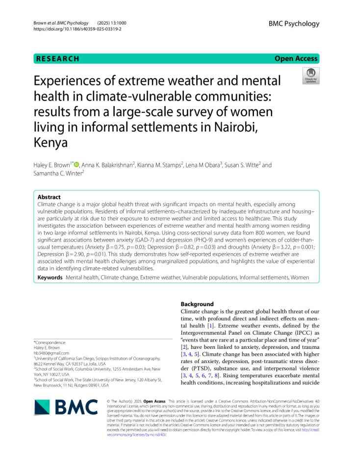 Experiences of extreme weather and mental health in climate-vulnerable communities: results from a large-scale survey of women living in informal settlements in Nairobi, Kenya thumbnail