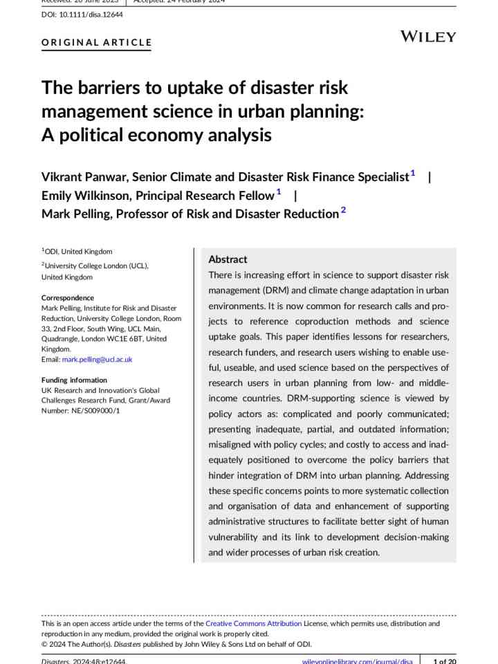 The barriers to uptake of disaster risk management science in urban planning: A political economy analysis thumbnail