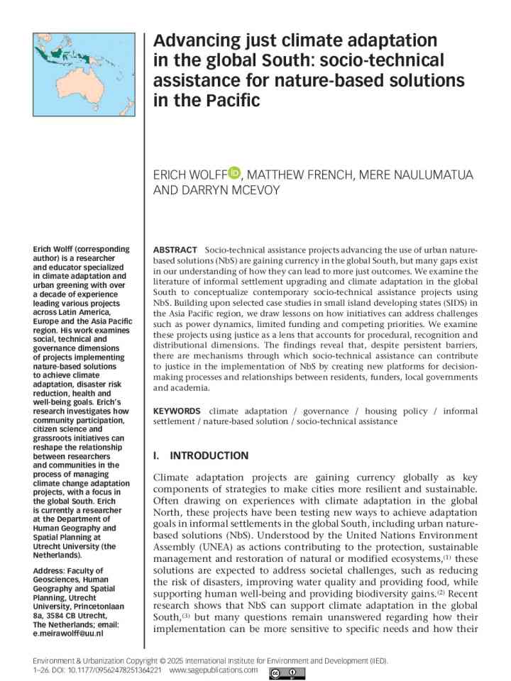 Advancing just climate adaptation in the global South: socio-technical assistance for nature-based solutions in the Pacific thumbnail
