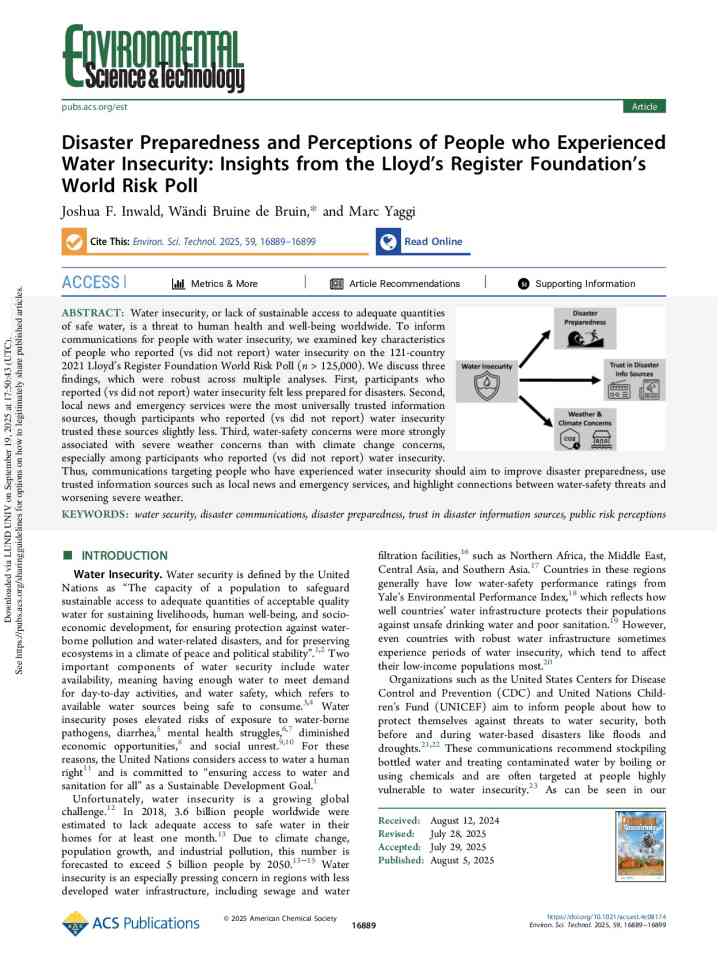 Disaster preparedness and perceptions of people who experienced water insecurity: Insights from the Lloyd’s Register Foundation’s World Risk Poll thumbnail