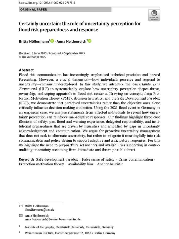 Certainly uncertain: the role of uncertainty perception for flood risk preparedness and response thumbnail