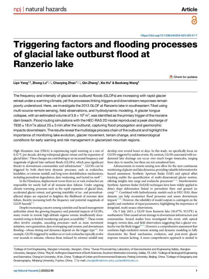 Triggering factors and flooding processes of glacial lake outburst flood at Ranzerio lake thumbnail