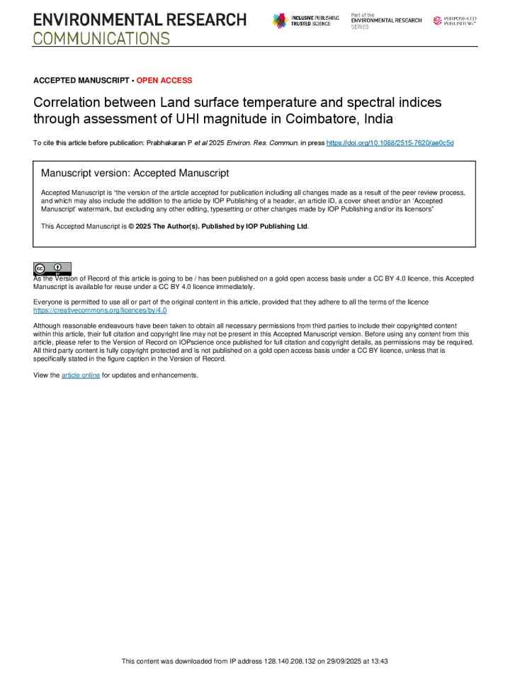 Correlation between Land surface temperature and spectral indices through assessment of UHI magnitude in Coimbatore, India thumbnail