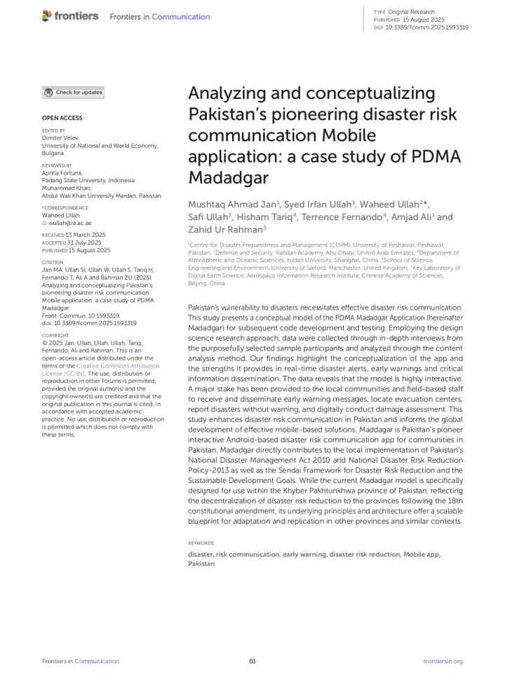 Analyzing and conceptualizing Pakistan’s pioneering disaster risk communication Mobile application: a case study of PDMA Madadgar thumbnail