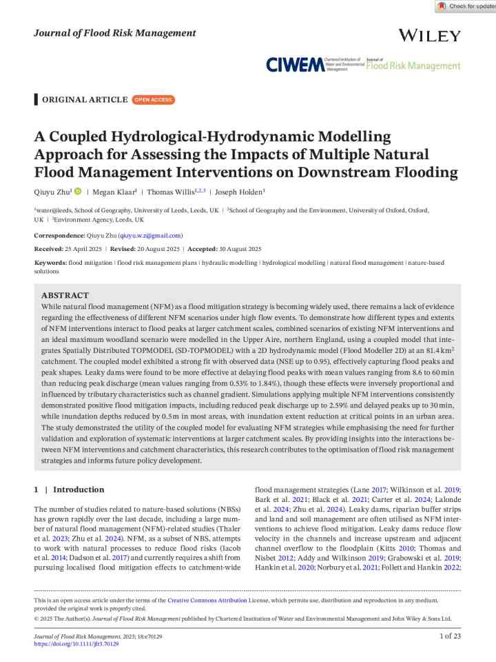 A coupled hydrological-hydrodynamic modelling approach for assessing the impacts of multiple natural flood management interventions on downstream flooding thumbnail