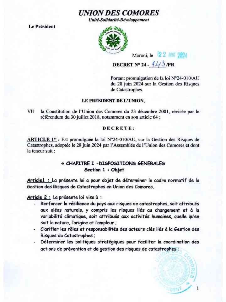 Union des Comores: Loi sur la Gestion des Risques de Catastrophe thumbnail