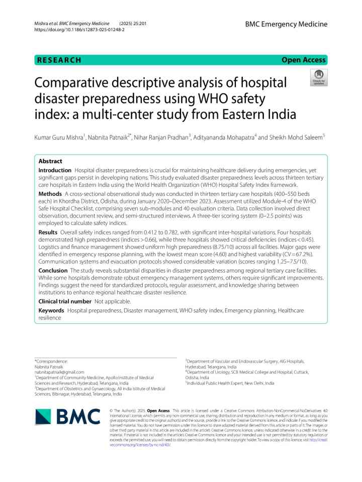 Comparative descriptive analysis of hospital disaster preparedness using WHO safety index: a multi-center study from Eastern India thumbnail